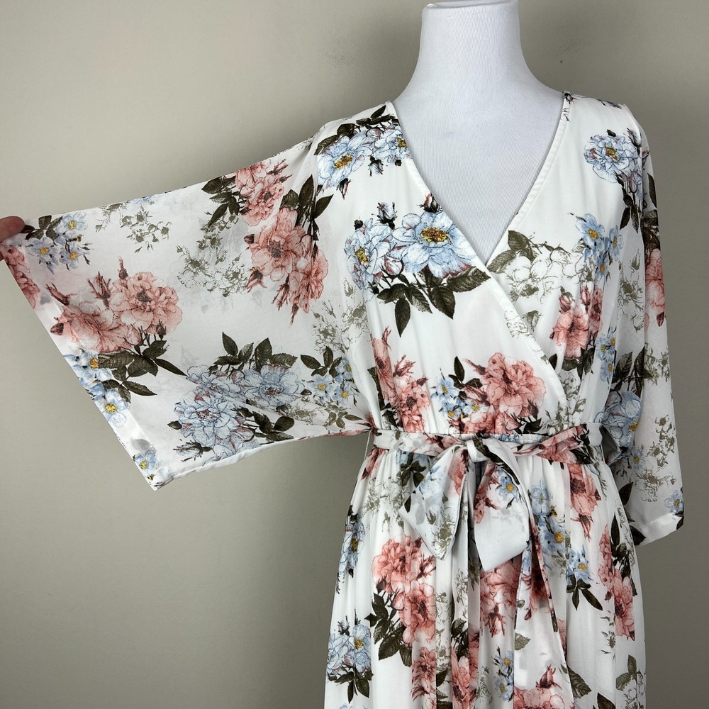 BALTIC BORN Maxi Dress Womens Large White Floral Belted‎ V-Neck Feminine Flowy L - Picture 2 of 16